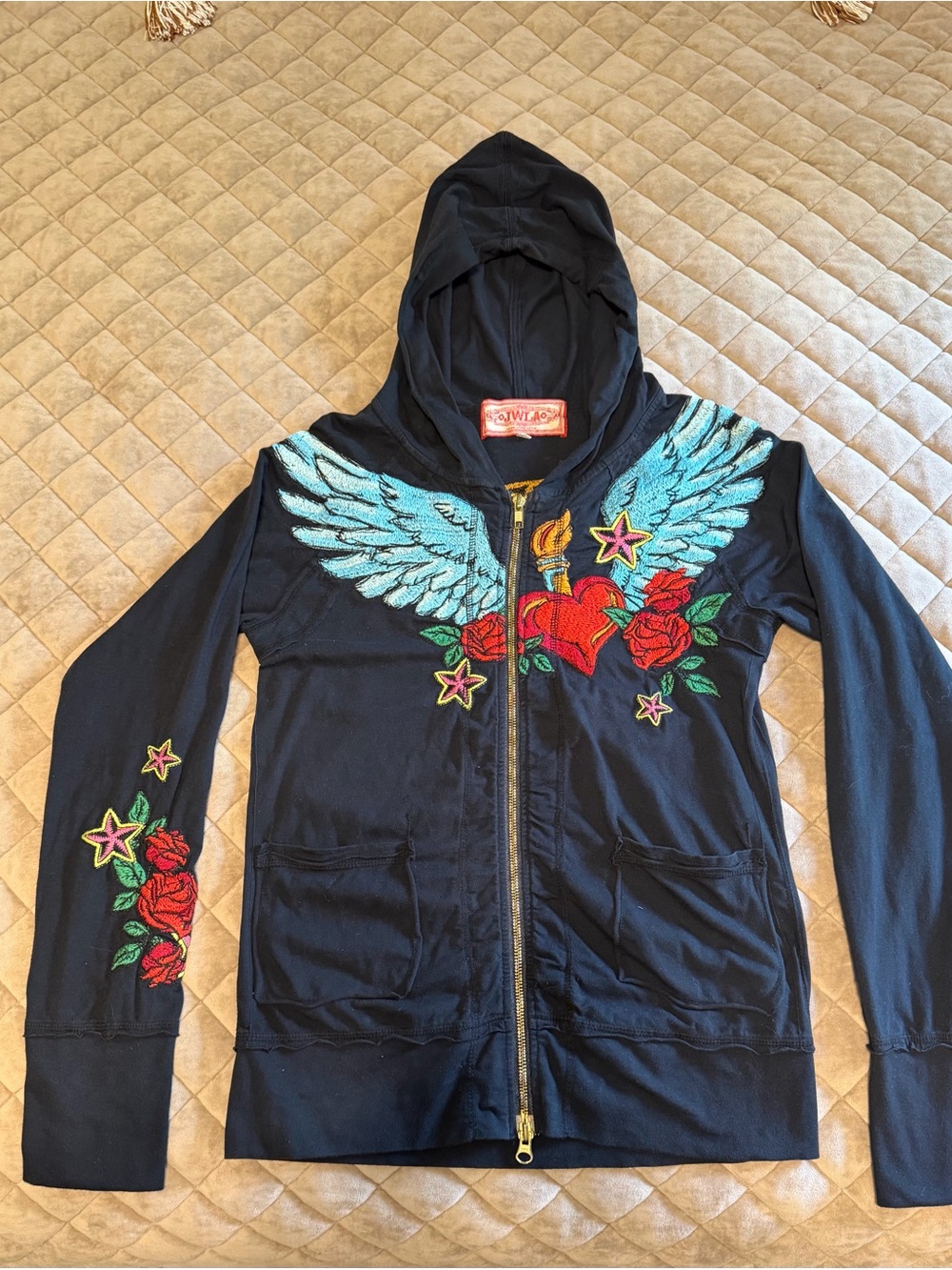 Vintage JWLA Johnny Was Embroidered Sacred Heart Wings Zip Up Hoodie